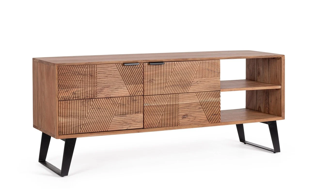 TV Board Isar aus Akazienholz, klassisch mit handgefertigten Schnitzereien, natur, 145 cm breit - Bizzotto