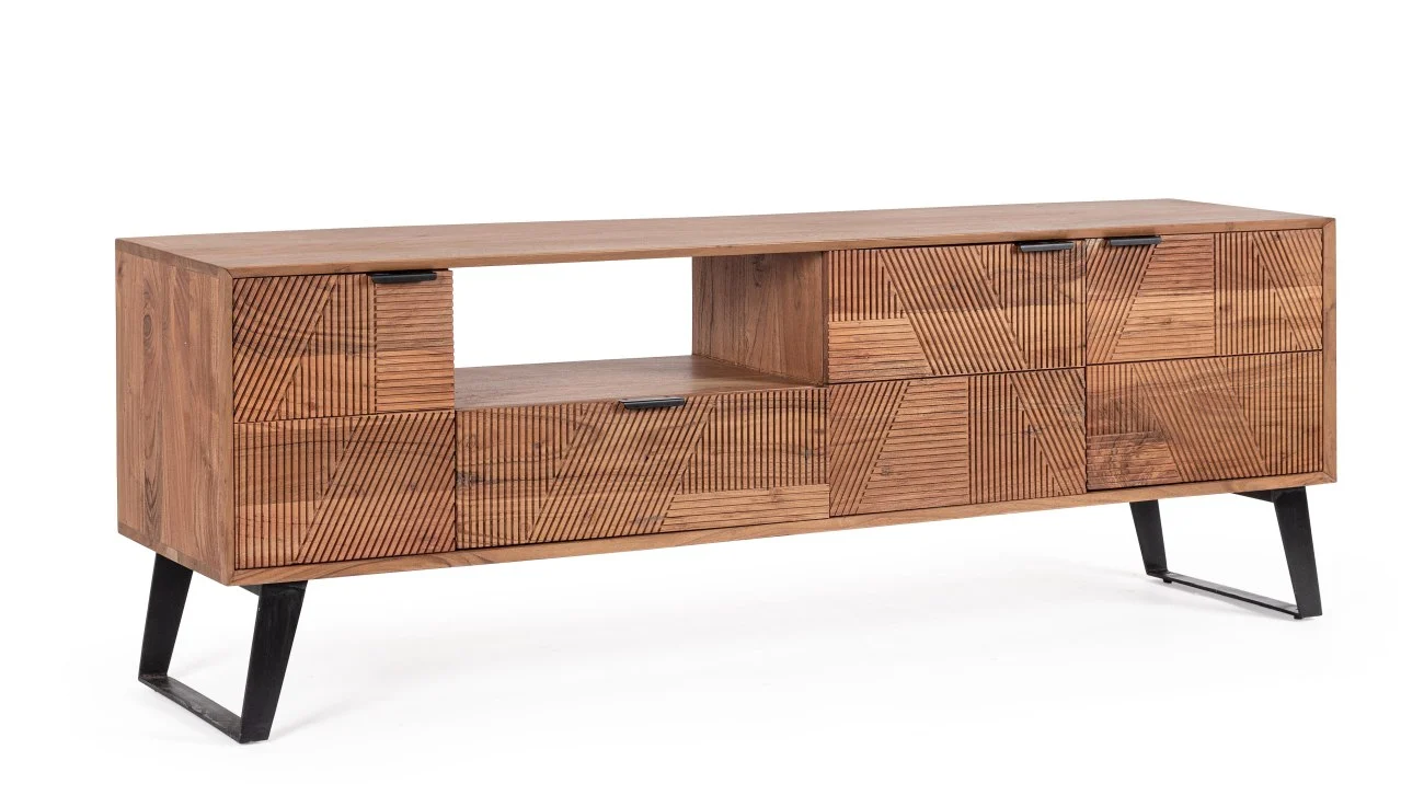 TV Board Isar aus Akazienholz, klassische Front mit handgefertigten Schnitzereien, natur, 175 cm - Bizzotto