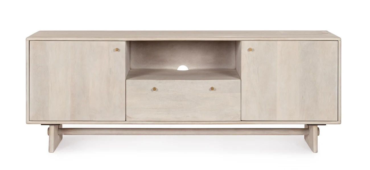 TV Board Elisheva aus Mangoholz, skandinavischer Stil, beige, 160 cm Breite, mit Türen und Schublade - Bizzotto