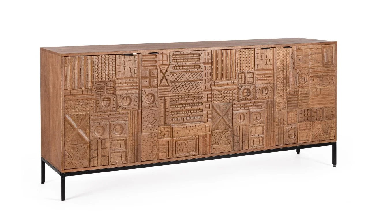 Sideboard Kindia aus Mangoholz, Retro Chic Design, Braun, handgefertigte Fronten, 180 cm - Bizzotto