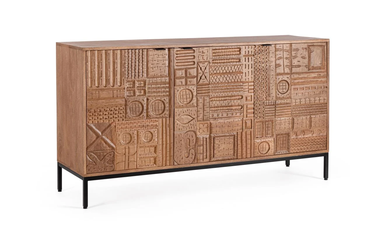 Sideboard Kindia aus Mangoholz, handgefertigte Schnitzereien, Retro Chic, braun, 145 cm - Bizzotto