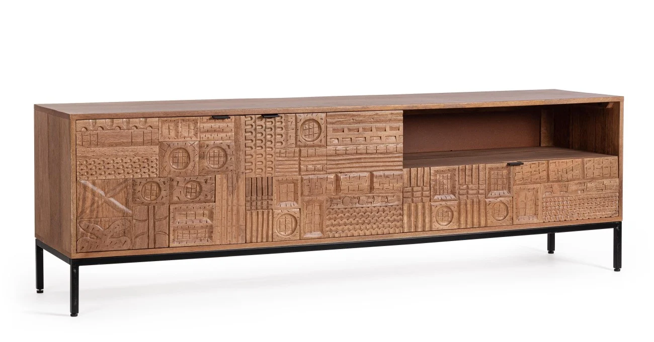 TV Board Kindia aus Mangoholz, Retro Chic Design, braun, handgefertigte Fronten, 180 cm - Bizzotto