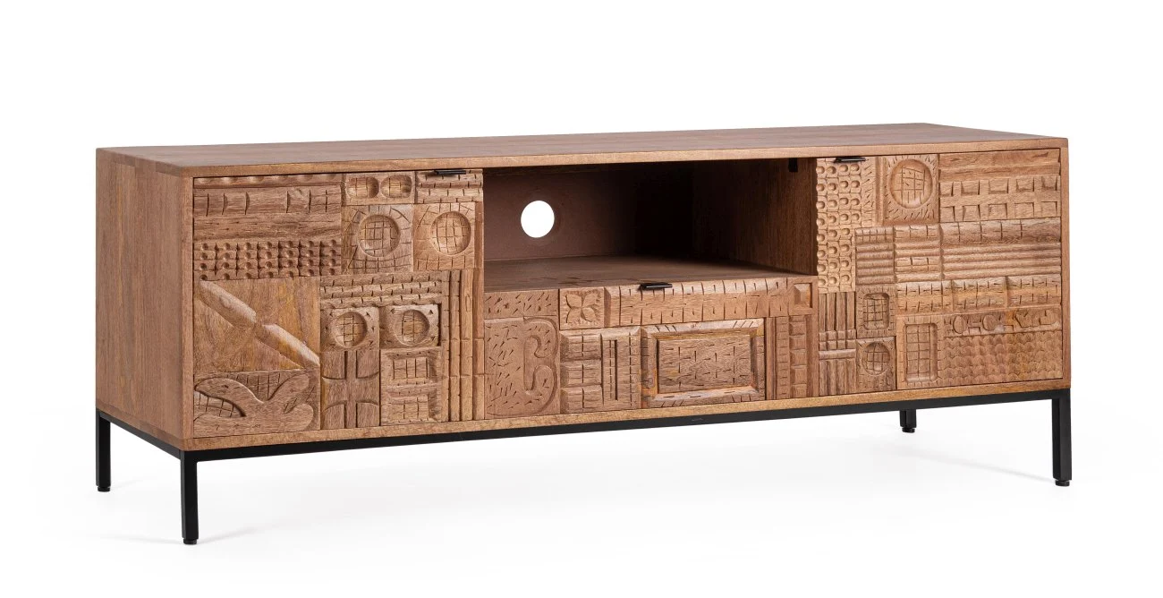 TV Board Kindia aus Mangoholz, Retro Chic Design, braun, handgefertigte Fronten, 145 cm - Bizzotto