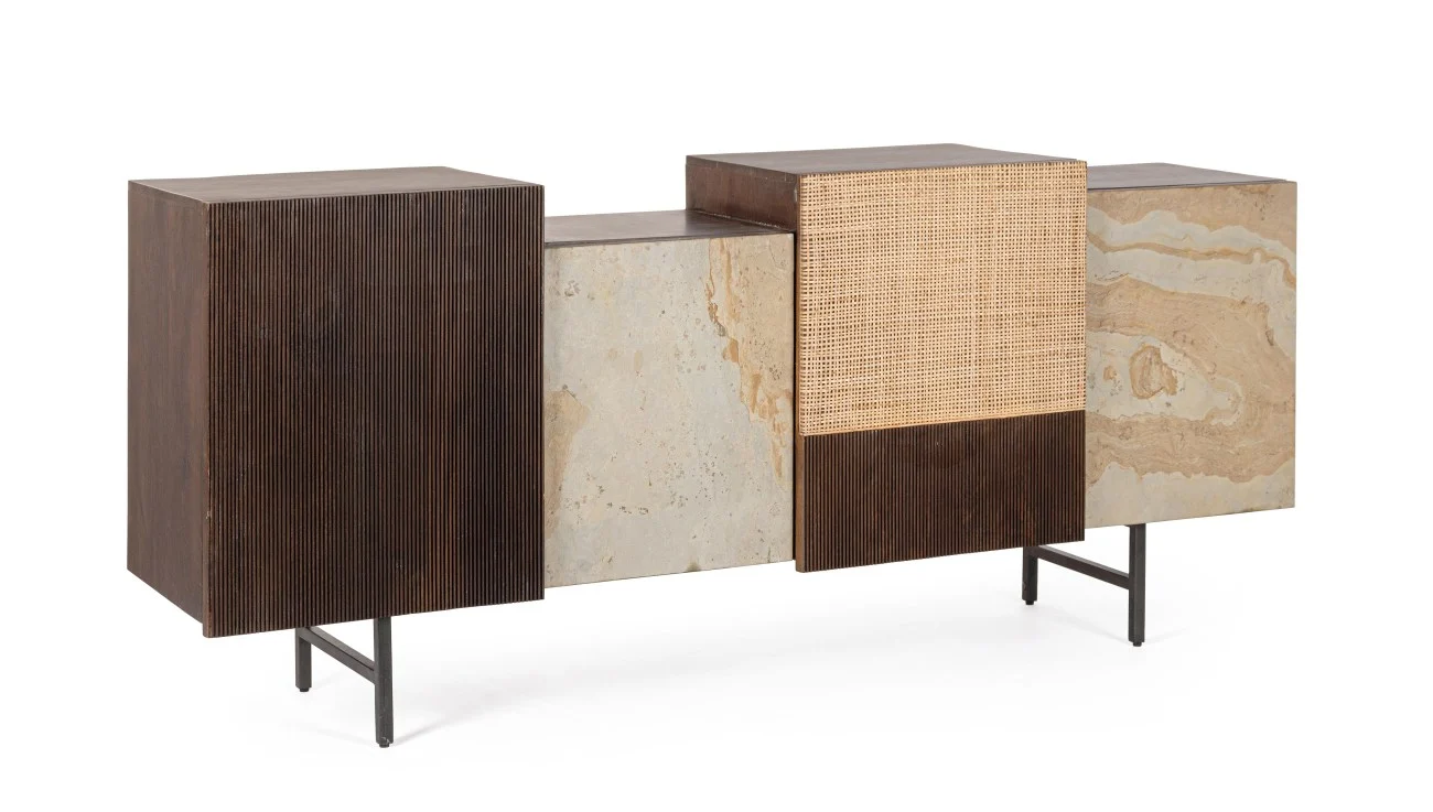 Sideboard Kinbik aus Mangoholz, Retro Chic Design, braun, Naturstein und Rattan, 180 cm - Bizzotto