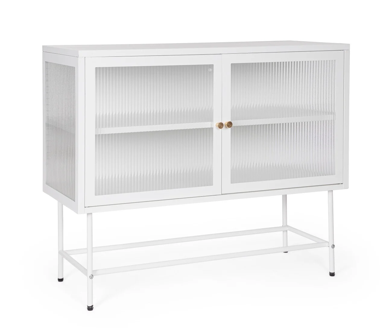 Kommode Carey aus Metall und Glas, klassisch, Weiß, großzügiger Stauraum, 110x43x90 cm - Bizzotto