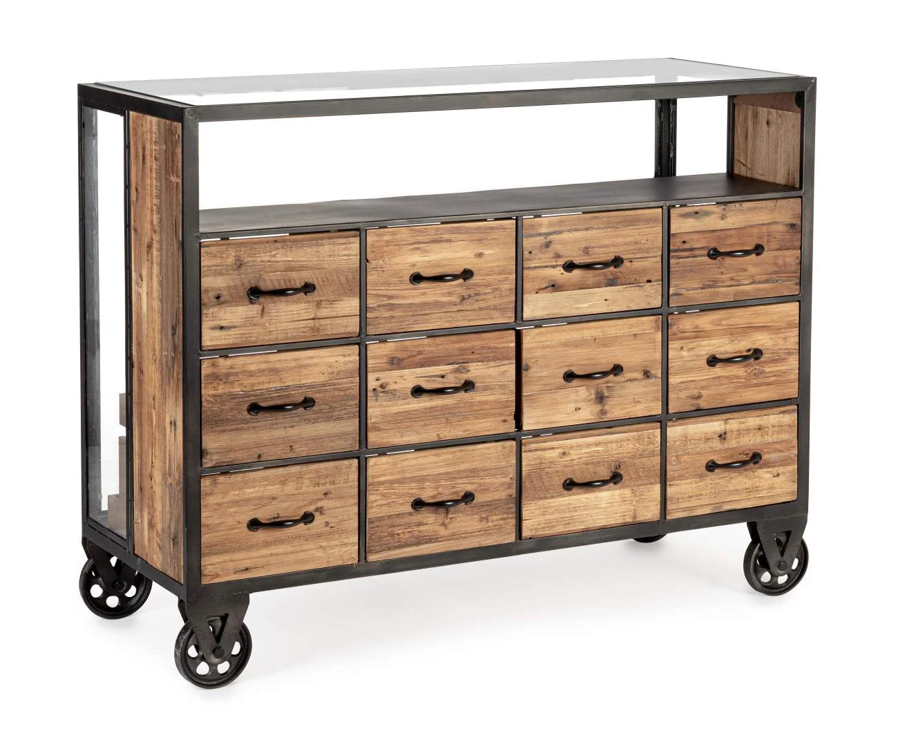 Kommode Mindil aus Holz, Industrial Design mit Metallgestell, natur, 12 Schubladen, Bizzotto