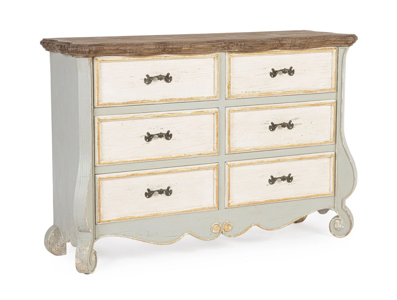 Kommode Madeleine aus Tannenholz, Landhausstil, grau und beige, 135 cm Breite, 6 Schubladen - Bizzotto