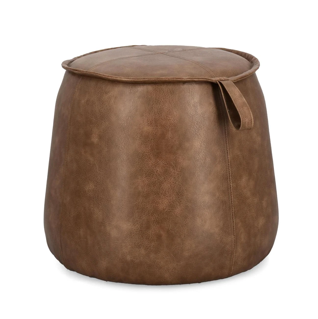Pouf Rudina aus Kunstleder, klassisch rundes Design, cognac, dekorative Schlaufe, Bizzotto