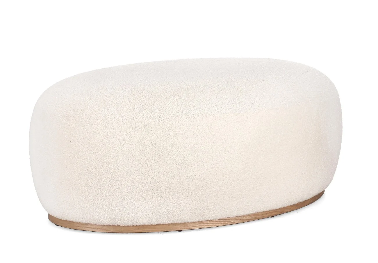 Pouf Blerina aus Woll-Stoff, klassischer Stil, weiß, gepolstert, Gestell in Naturholz