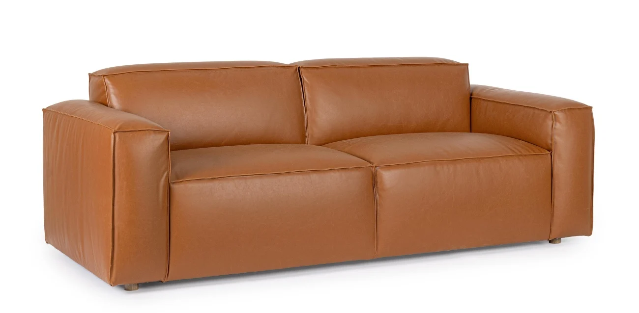 Sofa Joseph aus Kunstleder, modernes Design mit Eschenholz, cognac, 2-3 Sitzplätze, gepolstert