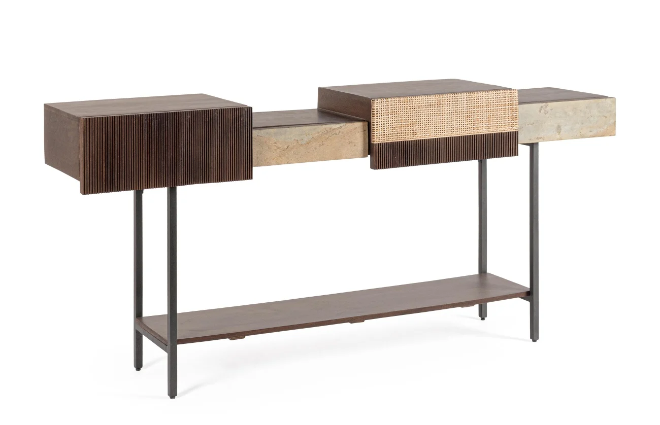 Konsole Kibik aus Mangoholz, Retro Chic Design, braun, mit Schubladen und Naturstein-Details