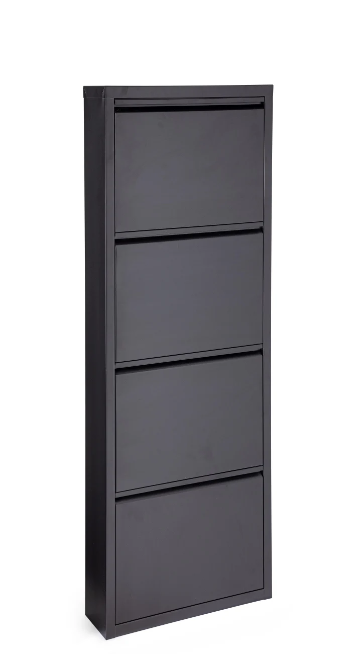 Schuhschrank Eyvin aus Metall, modern mit 4 Fächern, schwarz, schlankes Design für Indoor - Bizzotto