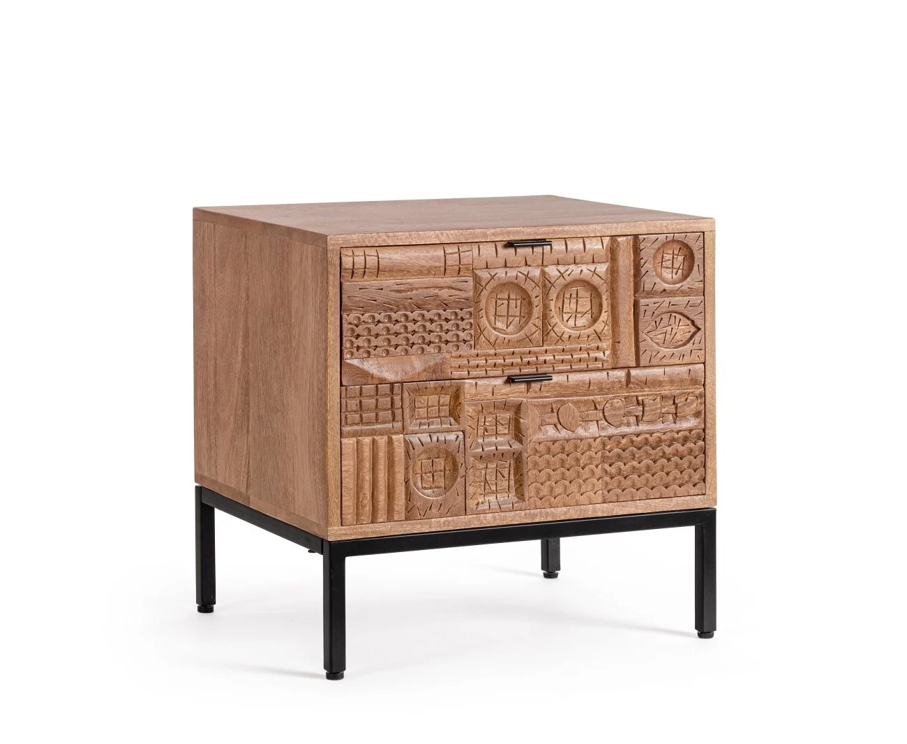 Nachttisch Kindia aus Mangoholz, handgefertigte Front, Retro Chic, braun, mit 2 Schubladen - Bizzotto