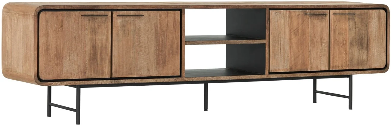 TV Board aus recyceltem Teakholz, modern, natur, 225 cm, Metallgestell, vier Türen - dtp Home