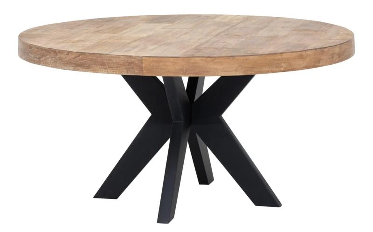 Esstisch Darwin aus recyceltem Teakholz, rund, Massivdesign, natur, Metallgestell schwarz, Ø 150 cm - dtp Home