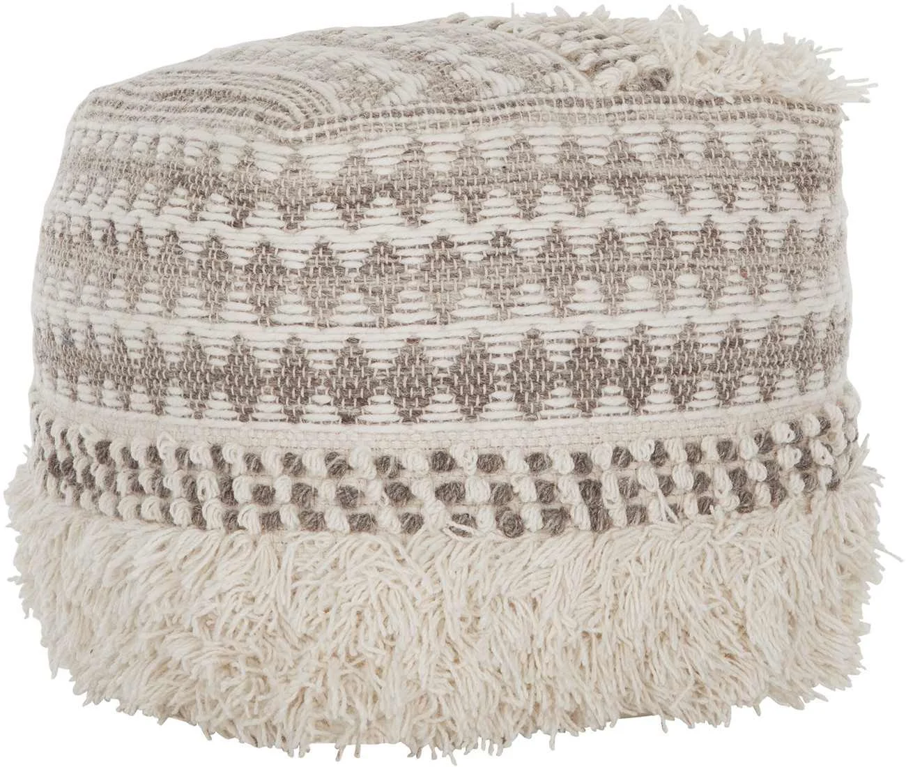Pouf Aura aus Wolle und Baumwolle, modern gepolstert, creme-grau, quadratisch, für drinnen
