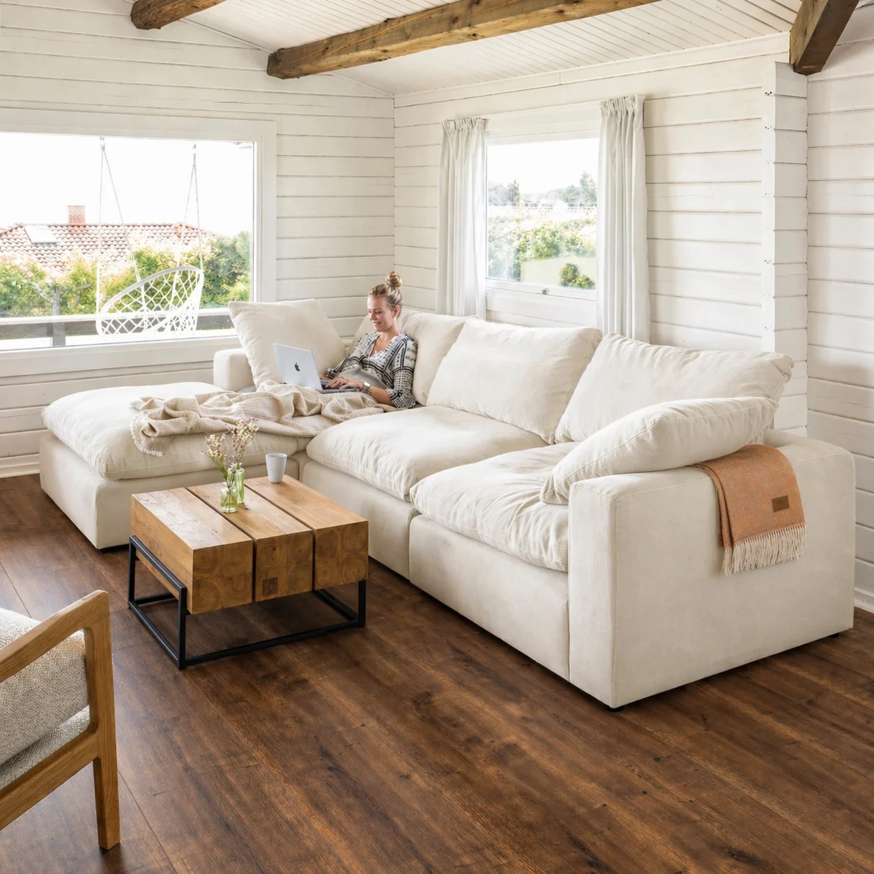 Lazy Modulsofa 3 Sitzer mit Chaiselongue Links, Stoff Shadow White - FASMAS