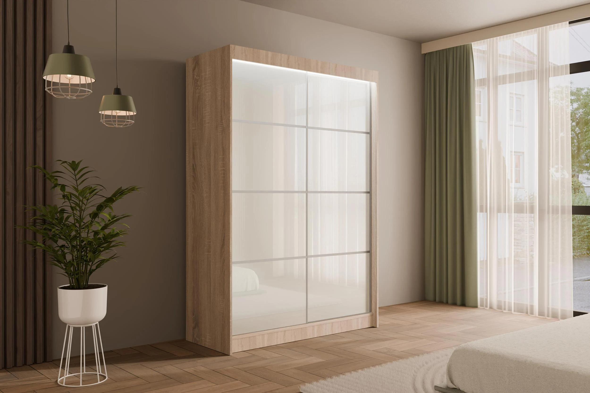 Schiebetürenschränke PEKA3 Eiche Sonoma + Lacobel Weiß 120 cm x 61 cm x 215 cm - Altdecor