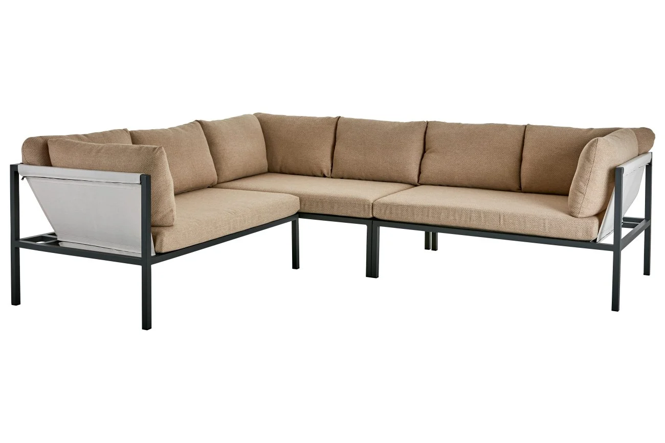 Gartenecksofa Allie mit Kissen aus Aluminium und Barley-Olefin Stoff, modern, beige-grau, für 4–5 Personen