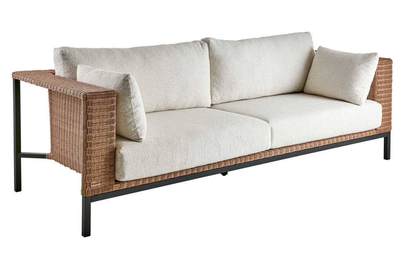 Gartensofa Shell mit Kissen aus Teddy-Olefin Stoff, modern skandinavisch, beige natur, Aluminiumgestell