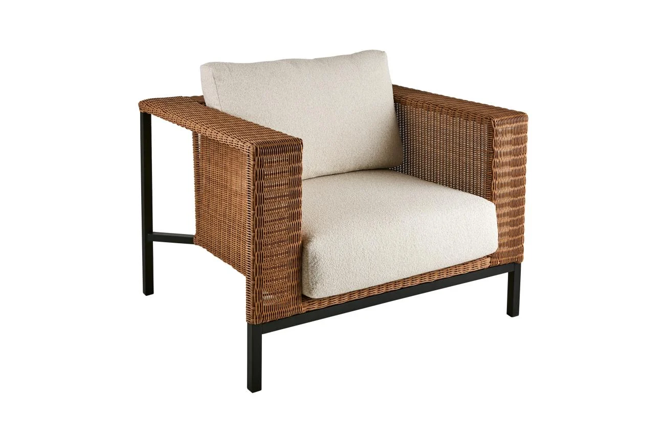 Gartensessel Shell mit Kissen, aus Rattan und Aluminium, modern skandinavisch, Teddy Beige, für draußen - Brafab