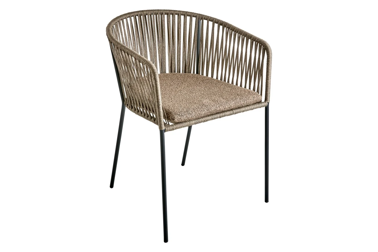 Gartenstuhl Piatto mit Armlehne aus Metall und Olefin-Stoff, modern, braun taupe, stapelbar inkl. Kissen