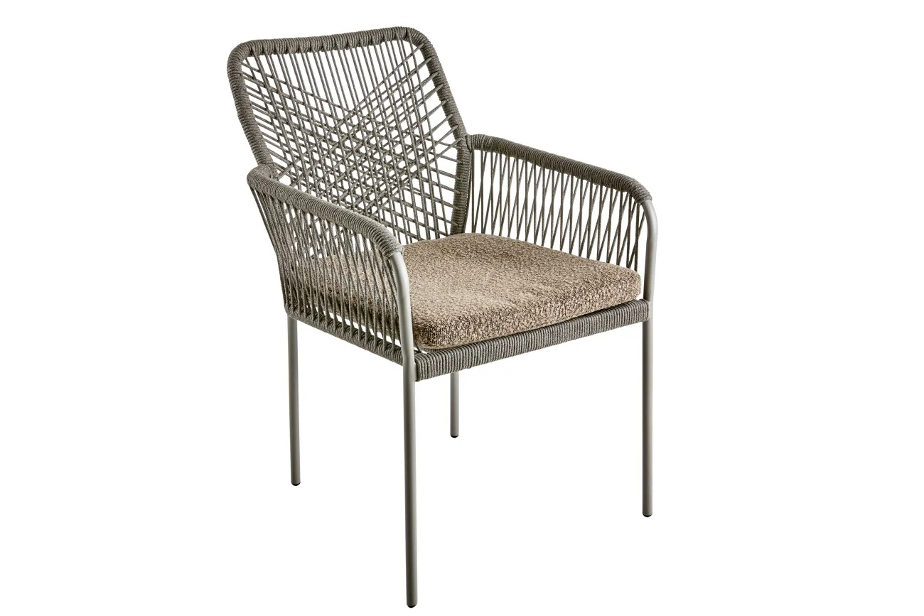 Gartenstuhl Vira aus Metall und Olefin-Stoff, modern, mit Kissen, braun taupe, stapelbar