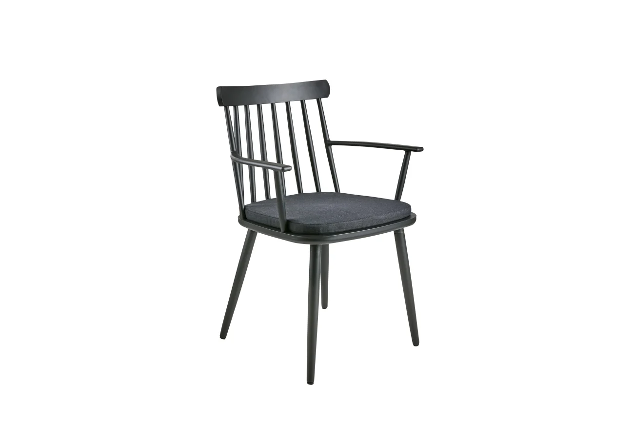 Gartenstuhl Winsor mit Armlehne aus Aluminium und Acryl-Stoff, klassisch, Schwarz, inkl. Kissen