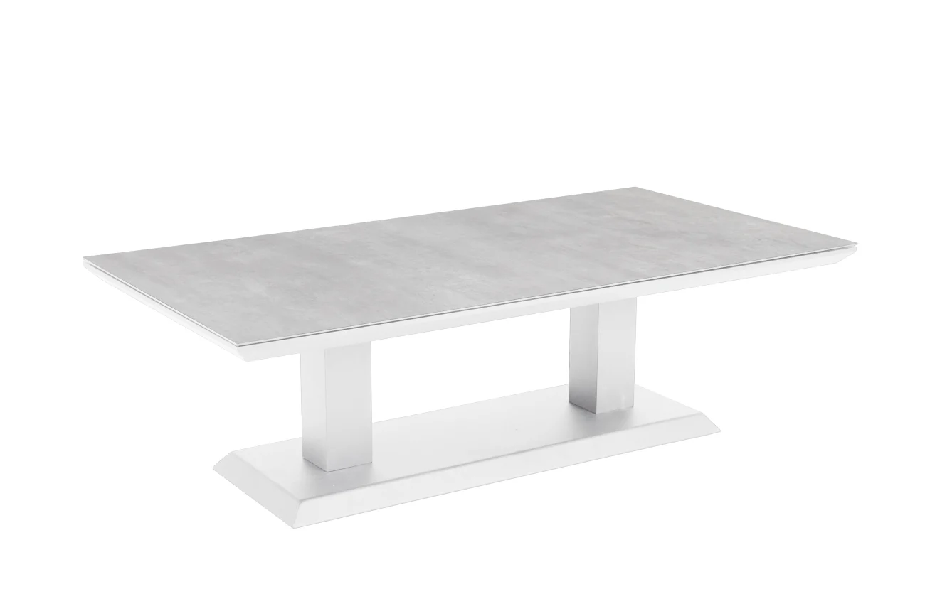Gartencouchtisch Heis aus Aluminium und Glas, modern und höhenverstellbar, weiß, 150x79 cm - Brafab