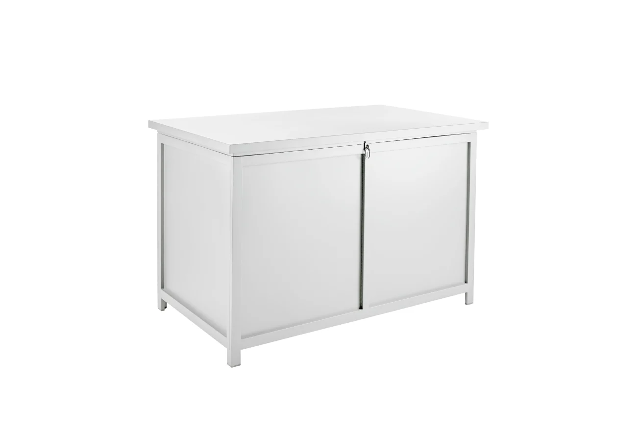 Gartentruhe Hide von Brafab aus Aluminium, modern, weiß, 125x75 cm, Deckel mit Gasdruckfeder