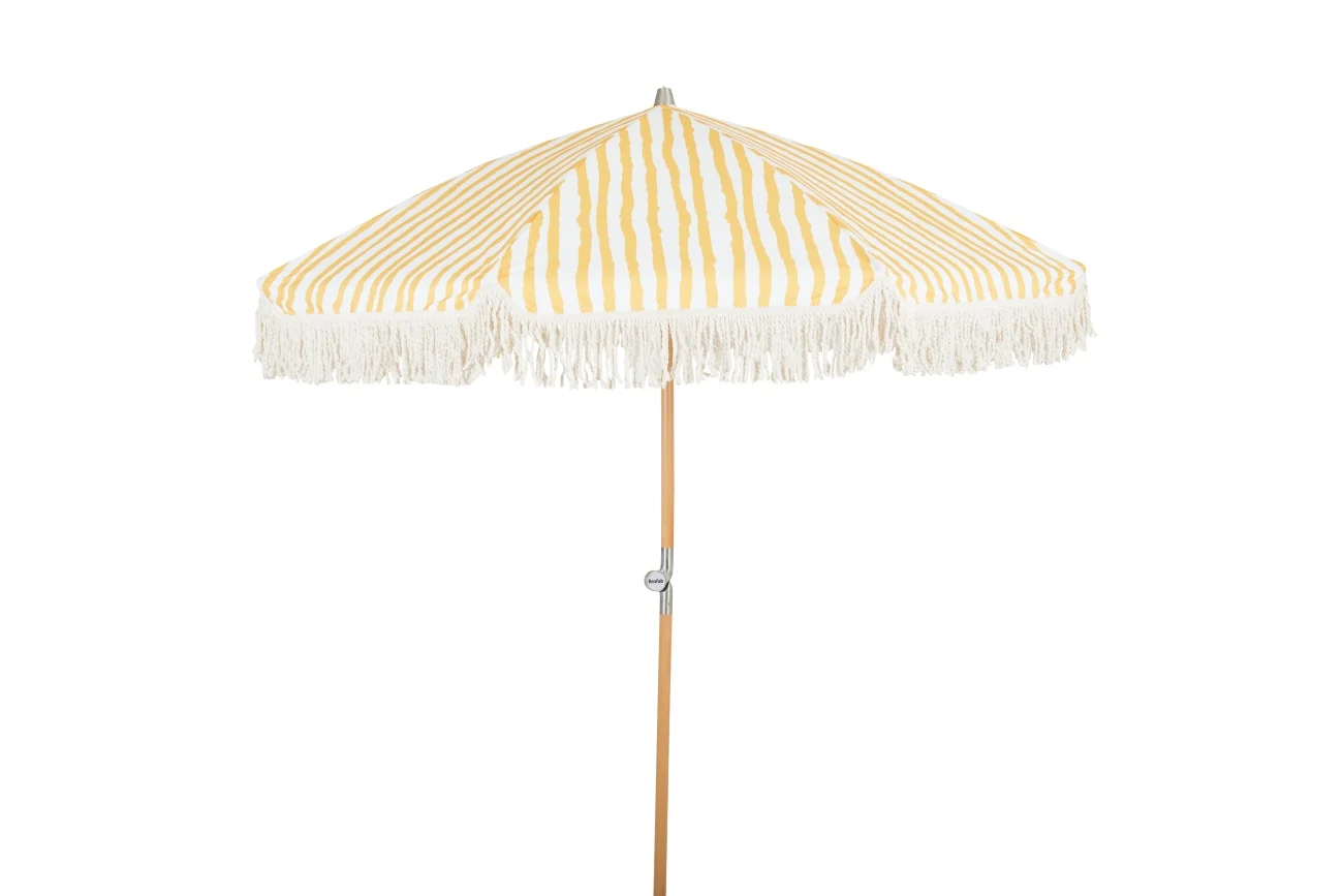 Sonnenschirm Gatsby von Brafab aus Polycotton und Buchenholz, rund, Gelb Weiß, klappbar mit Tragetasche