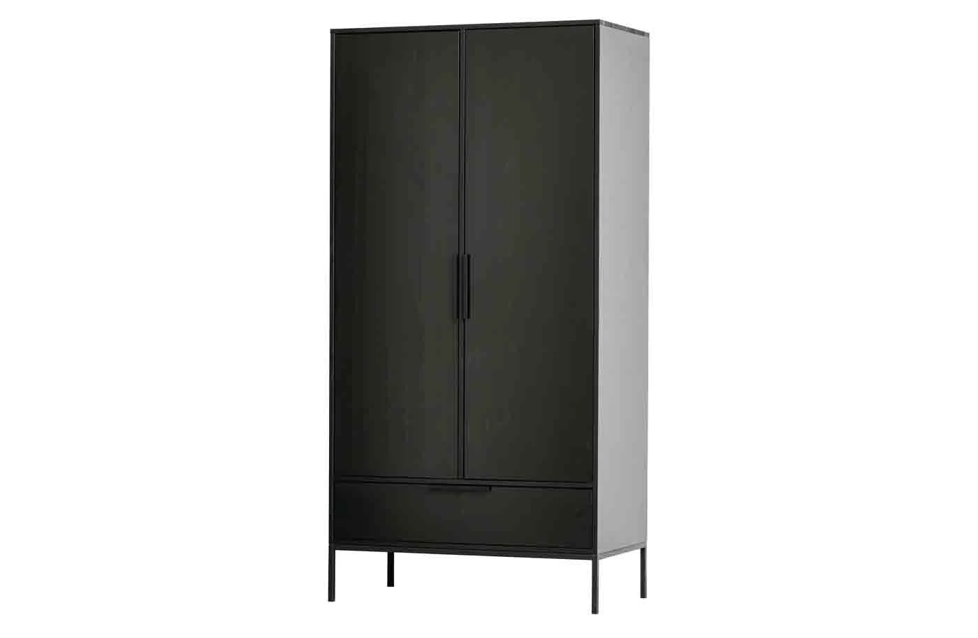 Kleiderschrank Adam aus Kiefernholz, modern mit Türen und Schublade, schwarz, 100x53x200 cm - Woood