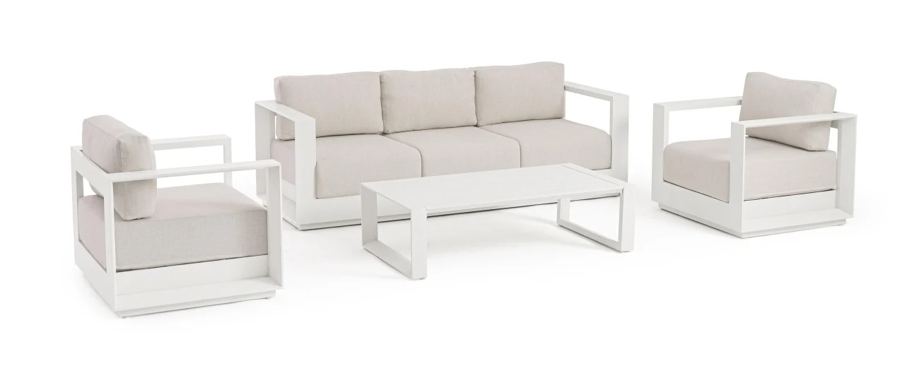 Garten-Set Moses aus Aluminium und Olefin-Gewebe, modern, weiß-beige, inkl. Kissen, 4-teilig