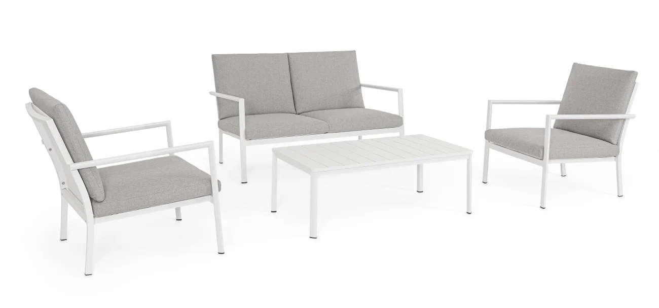 Garten-Set Konnor Aluminium, modern und wetterfest mit abnehmbaren Kissen, weiß-grau, 4-teilig