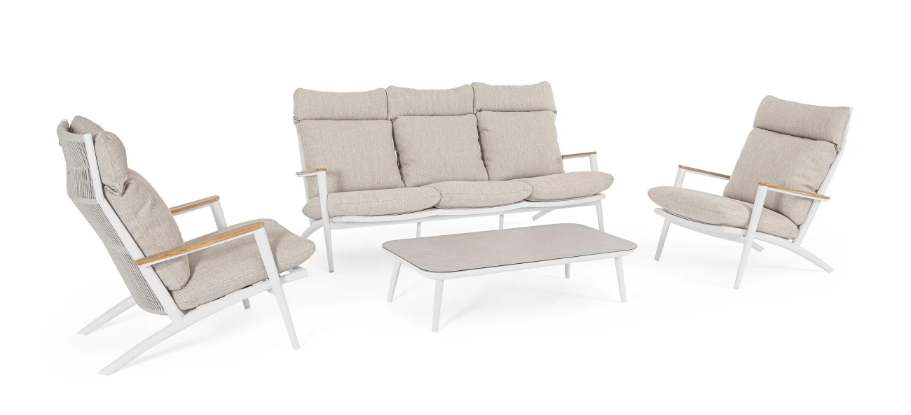 Garten-Set Hibiskus aus Aluminium und Teak, modern, weiß sand, inklusive Kissen, für 4 Personen