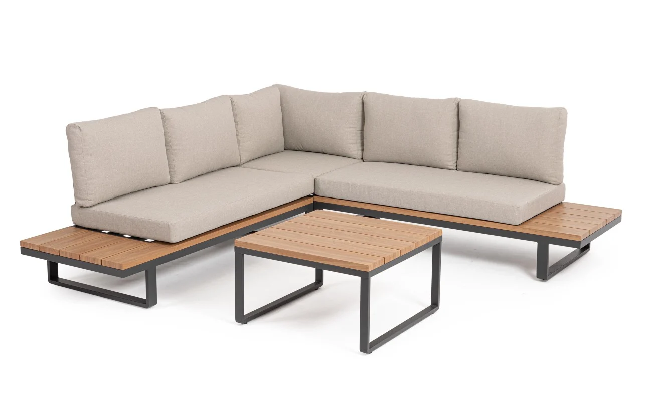 Gartenecksofa Zelmar aus Aluminium und Olefin, modern, wasserabweisend, mit Couchtisch, grau natur - Bizzotto