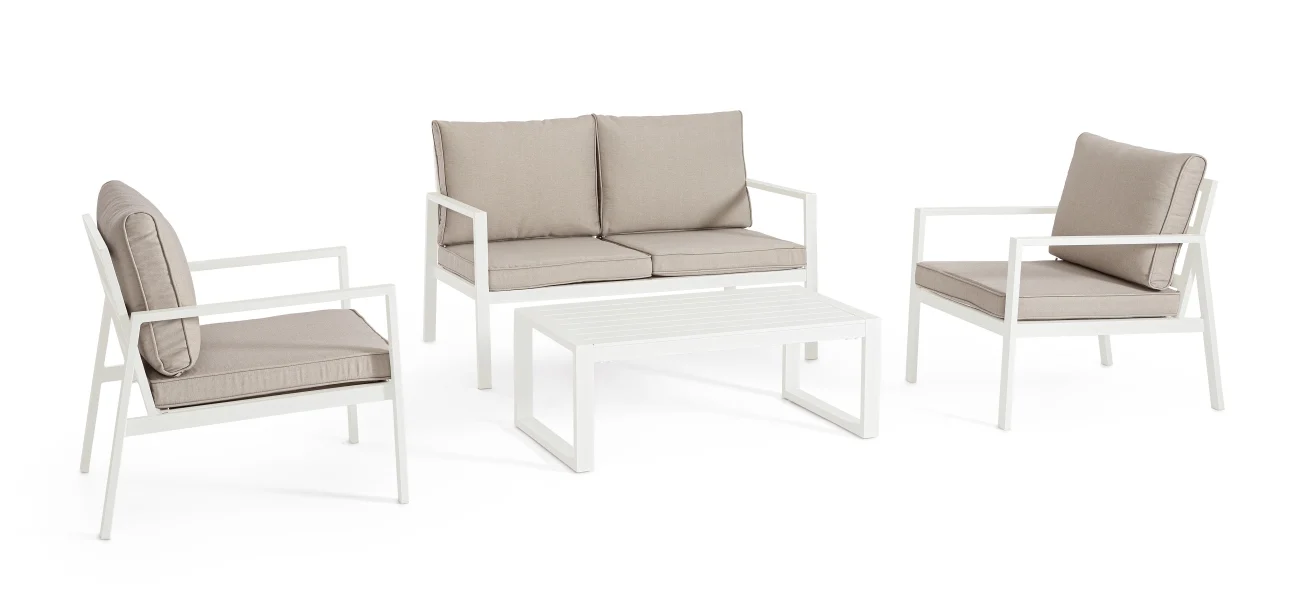 Garten-Set Hilde Aluminium, modern gepolstert für 4 Personen, weiß taupe, Outdoor mit Kissen