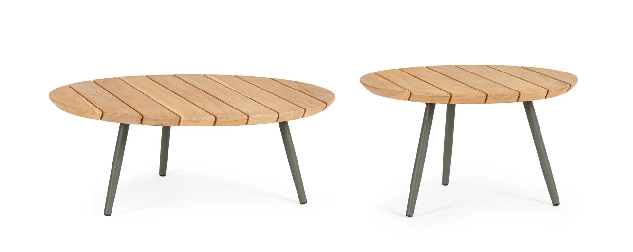 Gartencouchtisch-Set Ivissa aus Teakholz, modern skandinavisch, grün natur, rundes 2er-Set