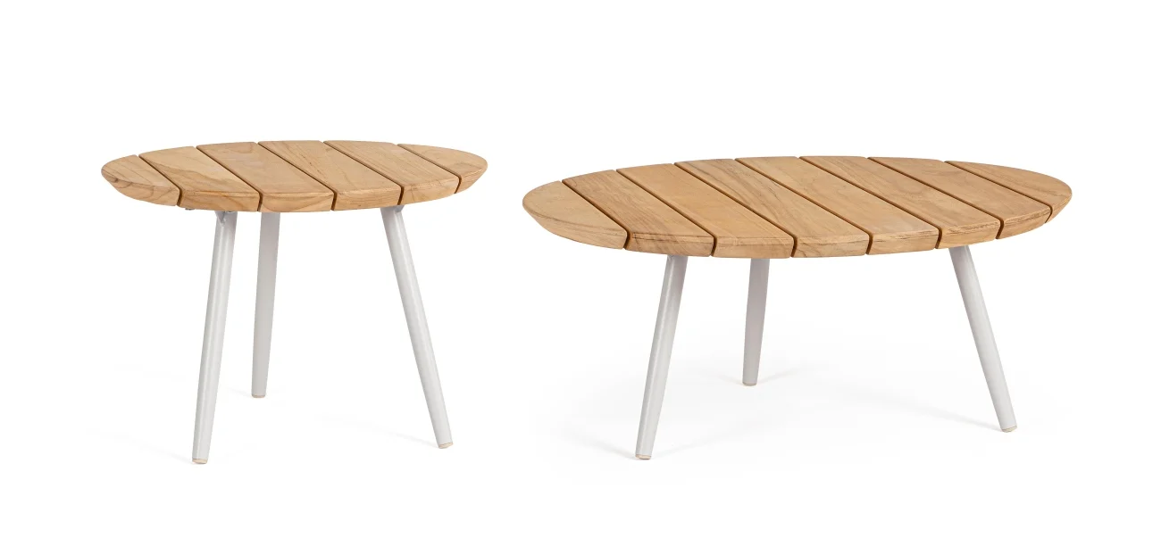 Gartencouchtisch-Set Talaia aus Teakholz, modern skandinavisch, frostig natur, rundes 2er-Set