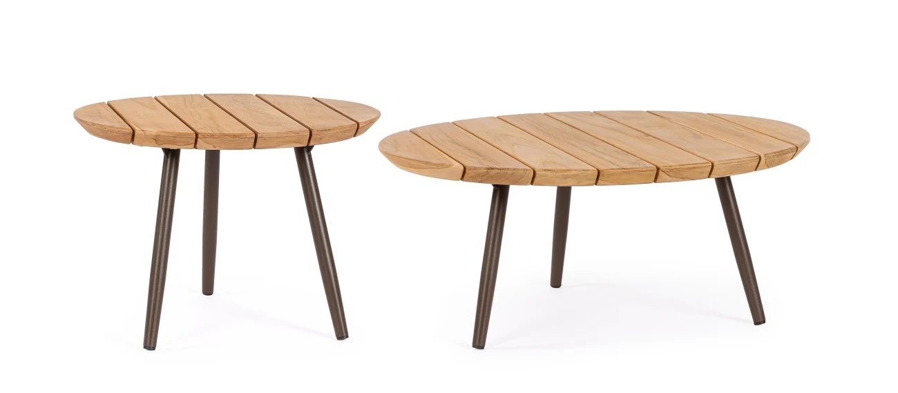 Gartencouchtisch-Set Talaia aus nachhaltigem Teakholz, modern skandinavisch, naturbraun, rund, 2er-Set