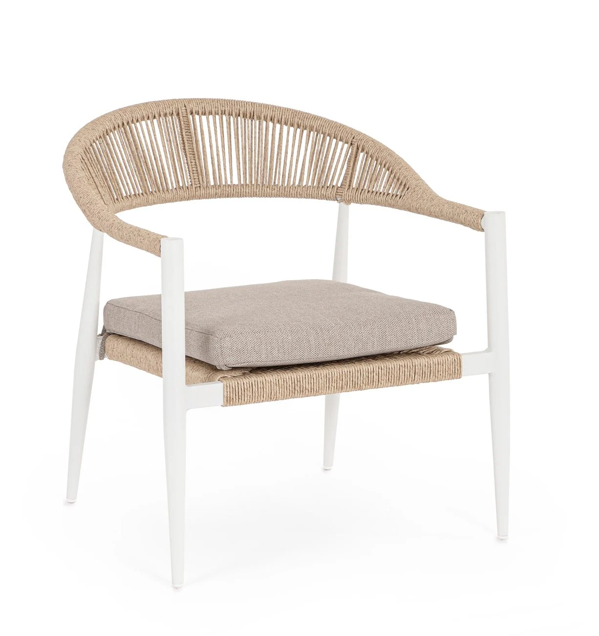 Gartensessel Jandia aus Aluminium, modernes Design mit Twist Rattan, Weiß Beige, inkl. Kissen - Bizzotto