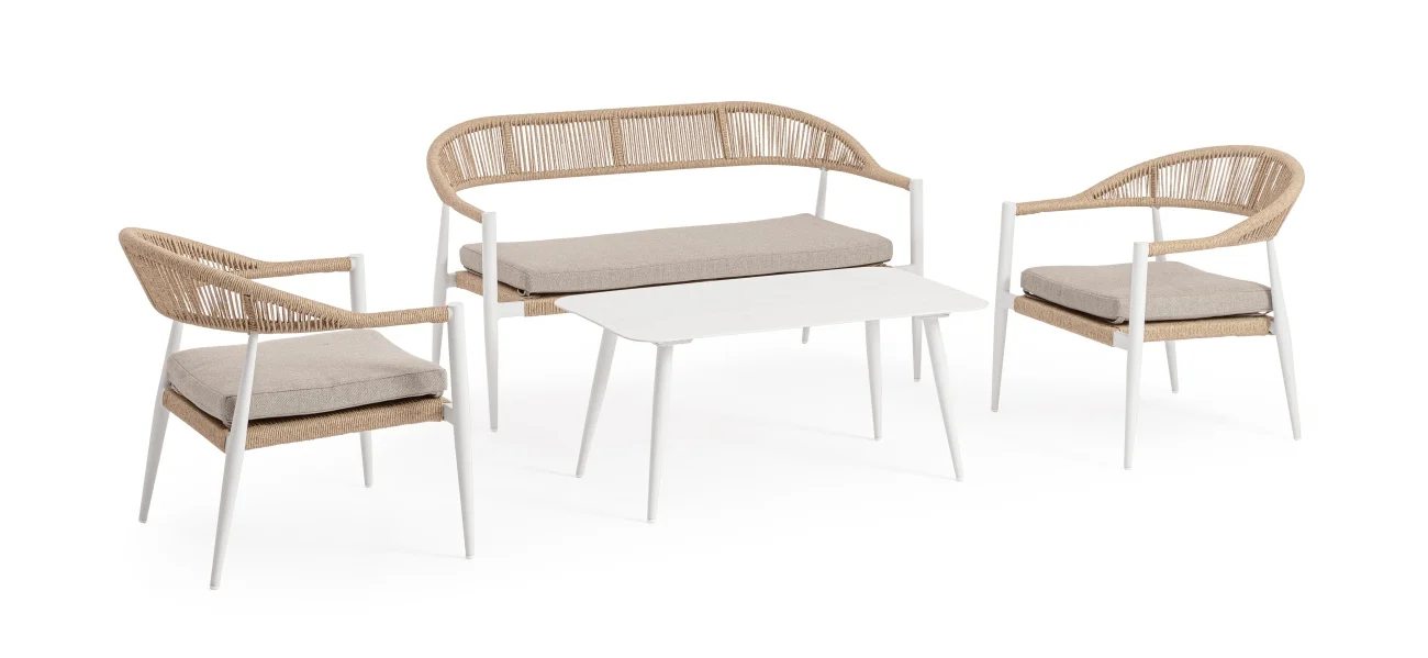 Garten-Set Jandia Aluminium Rattan, modern skandinavisch, weiß beige, inkl. Kissen für 4 Personen