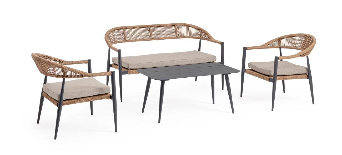 Garten-Set Jandia Aluminium Rattan, modern skandinavisch, anthrazit natur, mit Kissen für 4 Personen