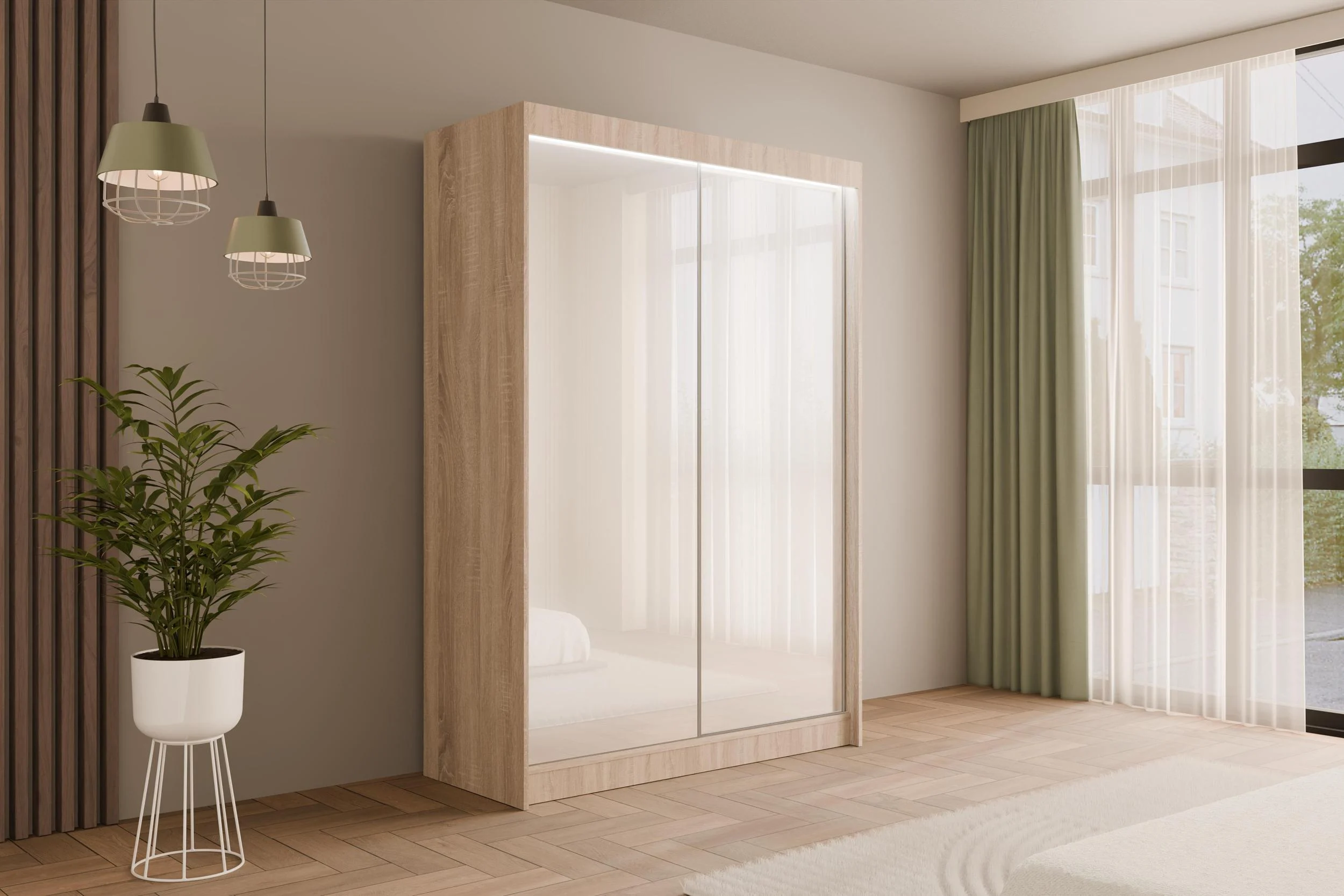 Schiebetürenschränke PEKA Eiche Sonoma + Lacobel Weiß 120 cm x 61 cm x 215 cm - Altdecor