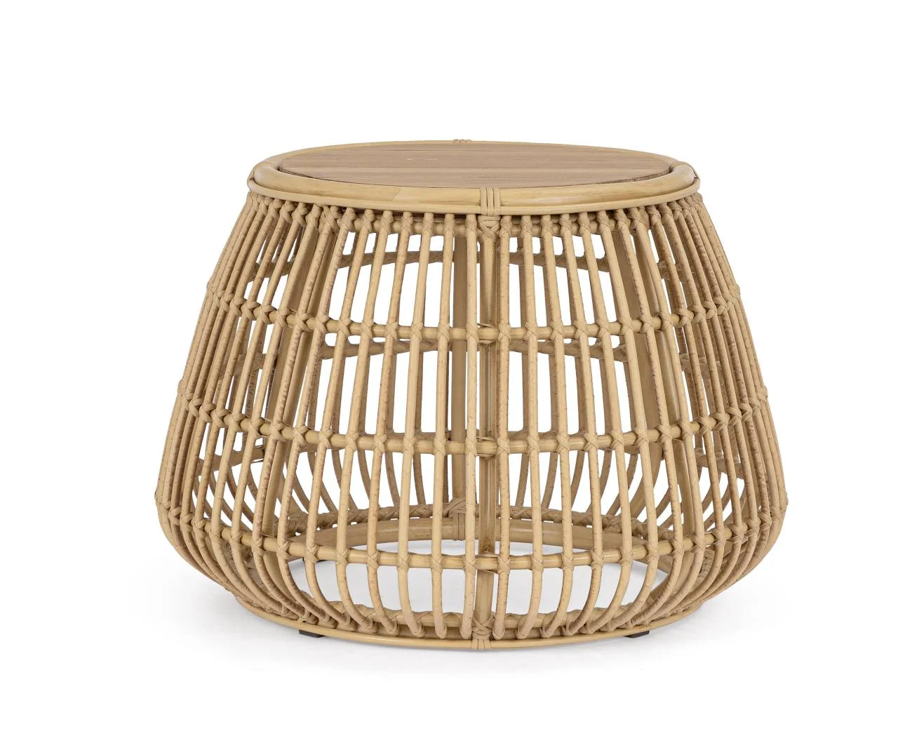 Gartencouchtisch Adelma Rattan-Optik, Teakholz und Aluminium, Boho Stil, rund, natur