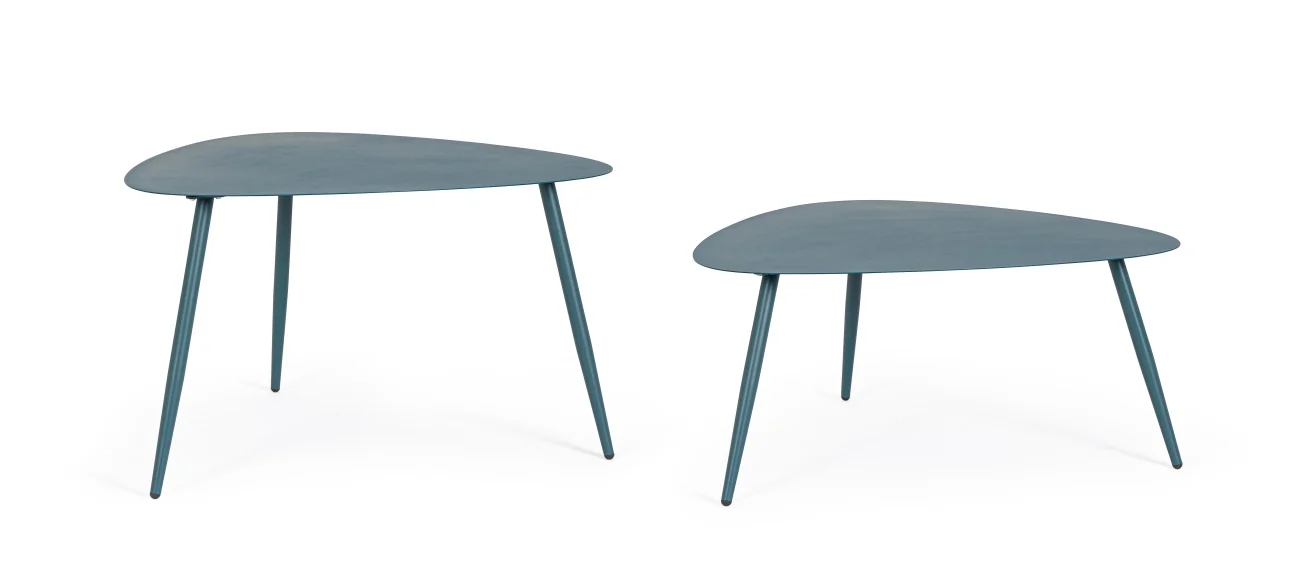 Gartencouchtisch-Set Yvonne aus Metall, modernes Design, Ottanio Blau, 2er-Set, dreieckig