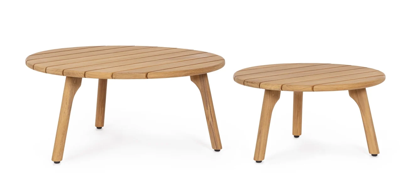 Gartencouchtisch Garita 2er-Set aus Teakholz, modern skandinavisch, rund, natur, für Outdoor