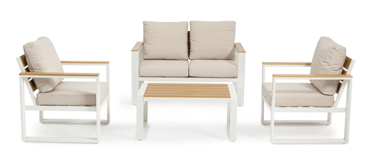 Garten-Set Leandro Aluminium, modern gepolstert, Weiß Beige, für 4 Personen, inkl. Kissen