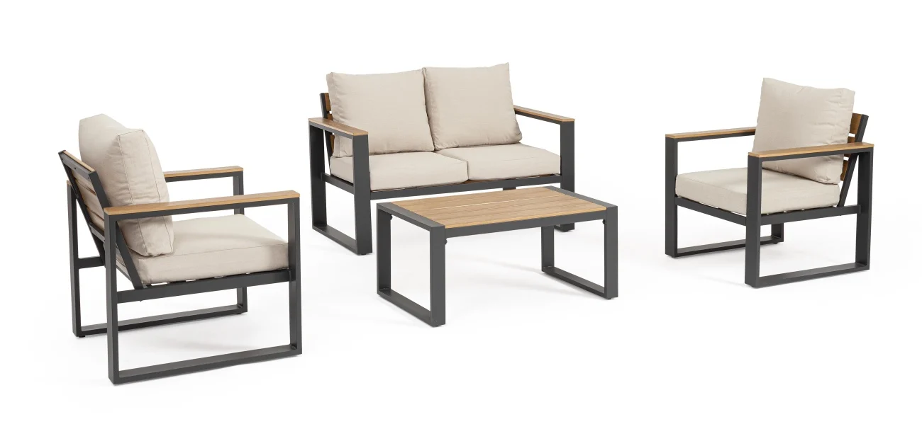 Garten-Set Leandro Aluminium, modern und wetterfest, 4er Gruppe, anthrazit beige, inkl. Kissen
