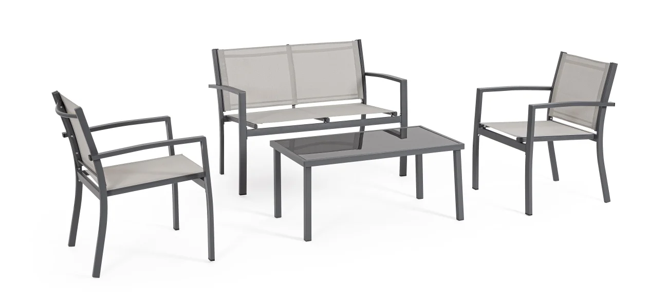 Garten-Set Florida 4er Gruppe aus Metall und Textilene, modern, hellgrau, für 3–4 Personen